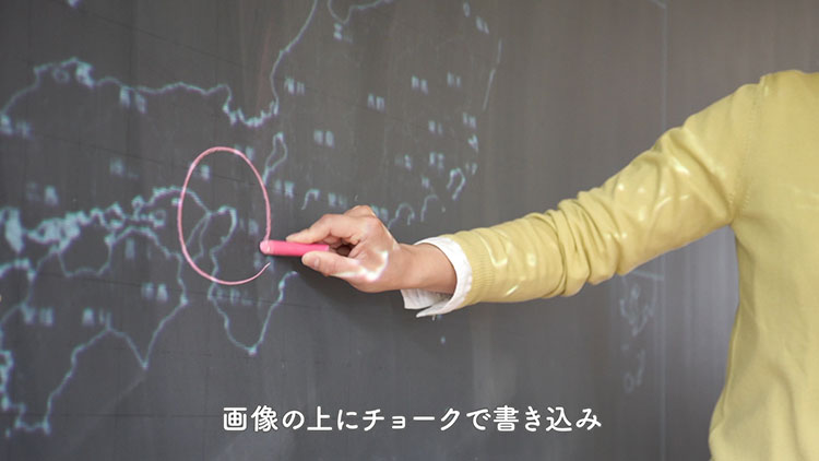 黒板に画像を投影し、チョークで板書する