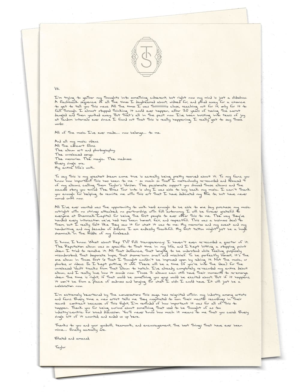 テイラー・スウィフト直筆の手紙