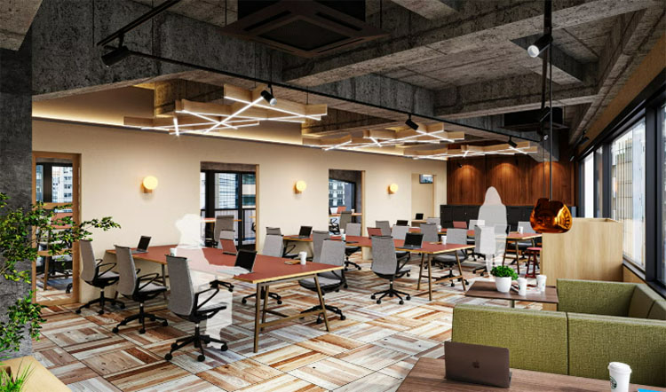 内装付きオフィスの完成イメージパース／多様なスタイルの座席を用意