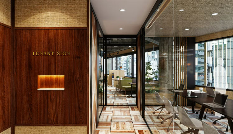 内装付きオフィスの完成イメージパース／オフィス受付部分